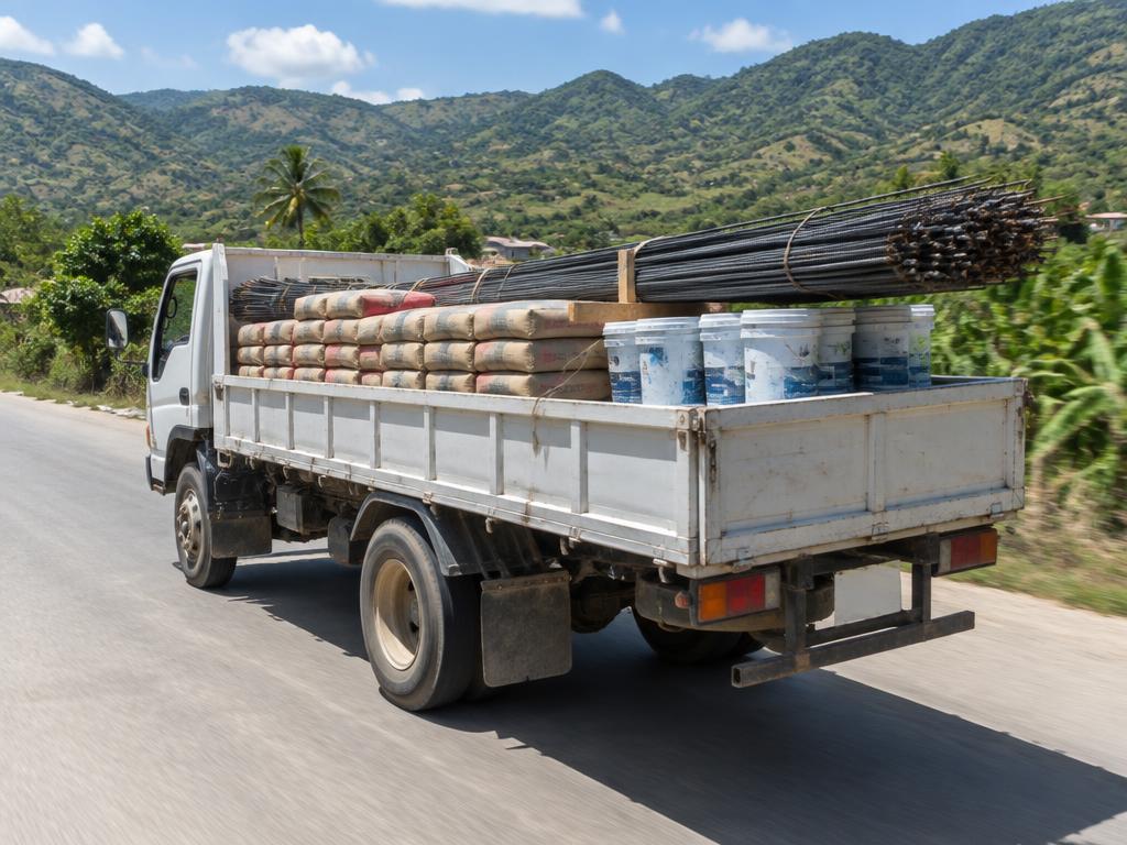 Delivery truck loaded with cement, rebar and paint on a rural road in Haiti