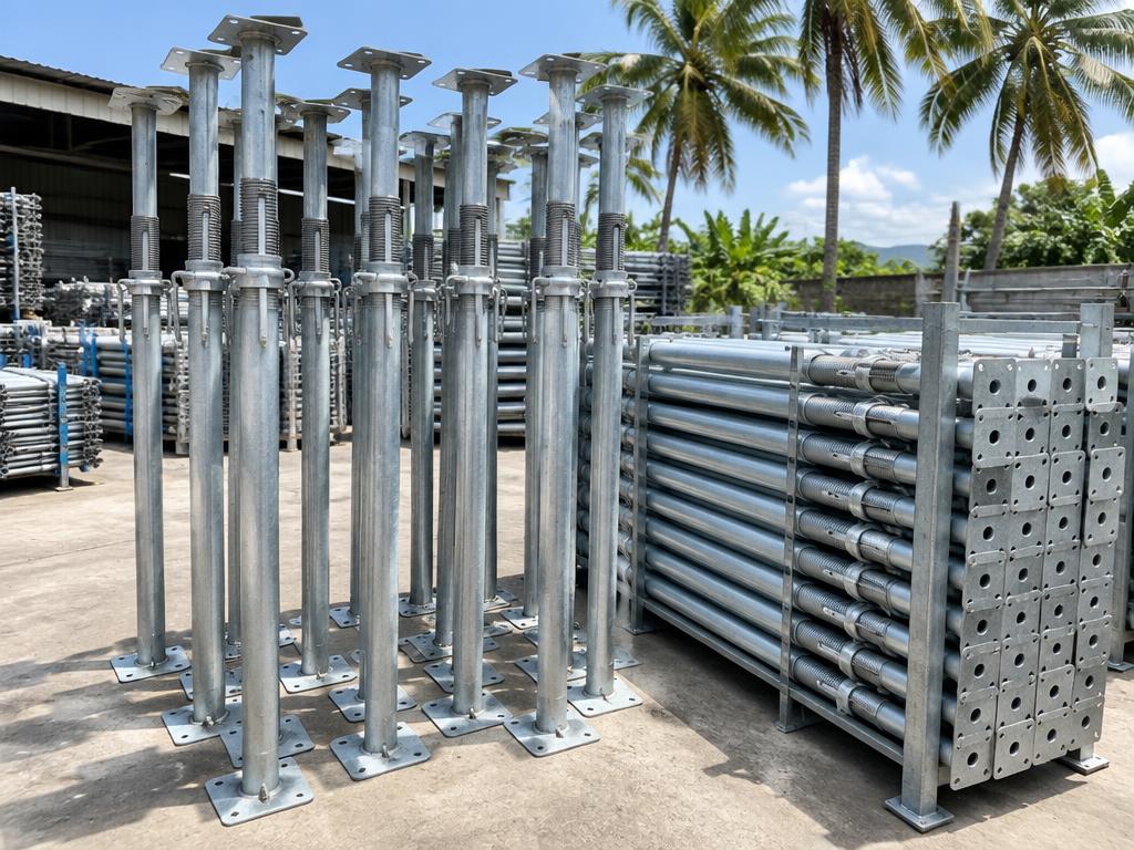 Adjustable steel construction props standing and stacked at the depot