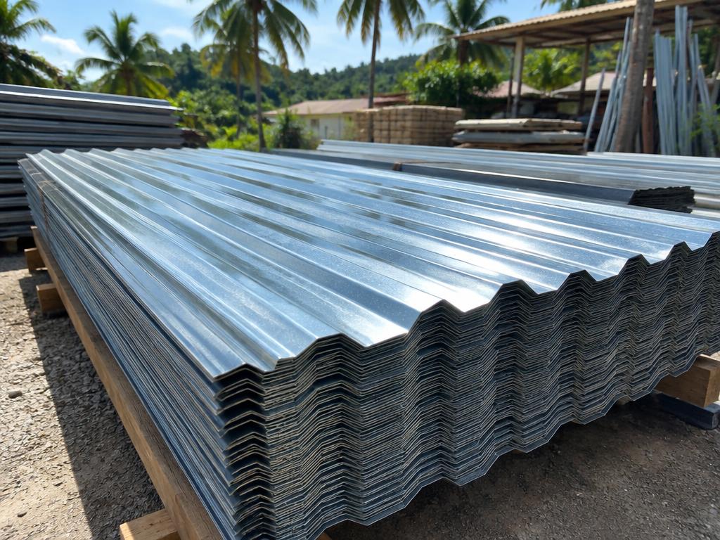 Stack of corrugated galvanized metal roofing sheets