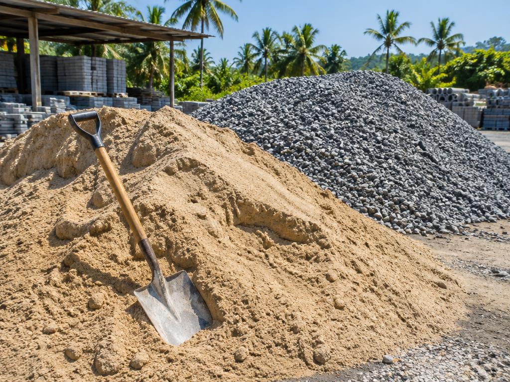 Piles of construction sand and gravel with a shovel